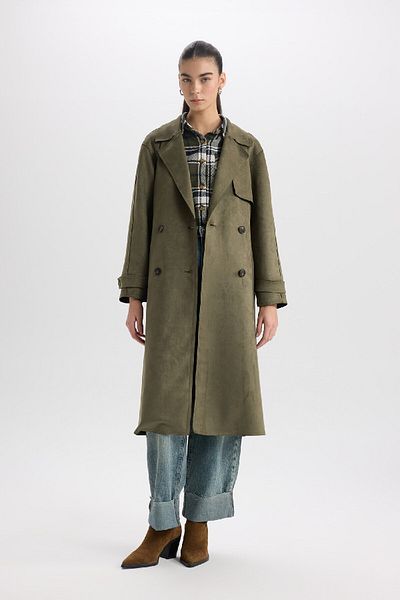 DeFacto Normale Passform, Smoking-Revers, langer Wildleder-Trenchcoat mit Gürteltasche D5799AX25SP
