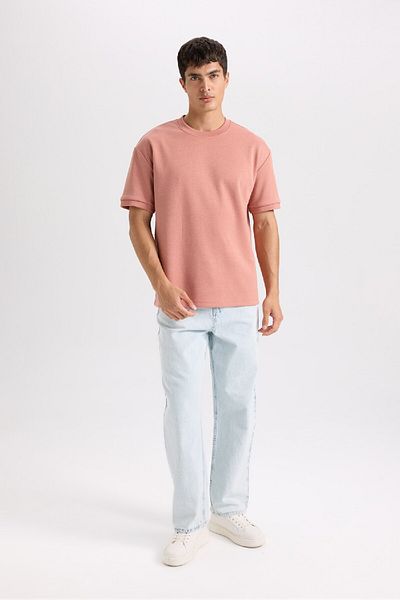 DeFacto Oversize Wide Fit Crew Neck Basic μονόχρωμο κοντομάνικο μπλουζάκι από βαρύ ύφασμα B6494ax25sp