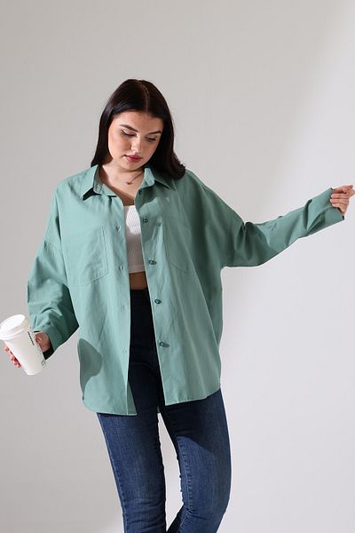Corradeo Giyim Oversize Poplin Fabric Double Pocket Women's Water Green Shirt