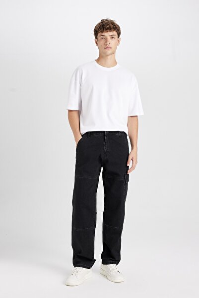 DeFacto %100 Pamuk Wide Leg Fit Geniş Kalıp Normal Bel Geniş Paça Kargo Cepli Jean Pantolon B4638ax24au