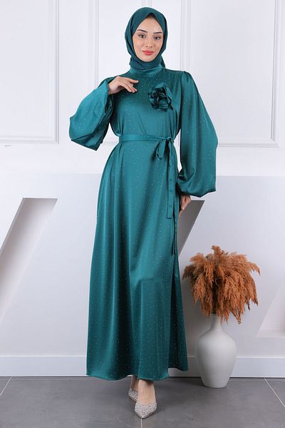 İmajButik Βραδινό φόρεμα από σατέν πέτρινο μανίκι σμαραγδί