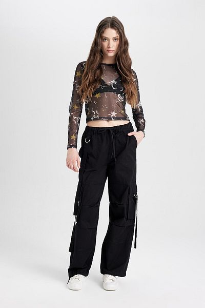 DeFacto Coool Fitted Body Sitting Print Tulle Short Sleeve Black T-Shirt D8033Ax24Wn
