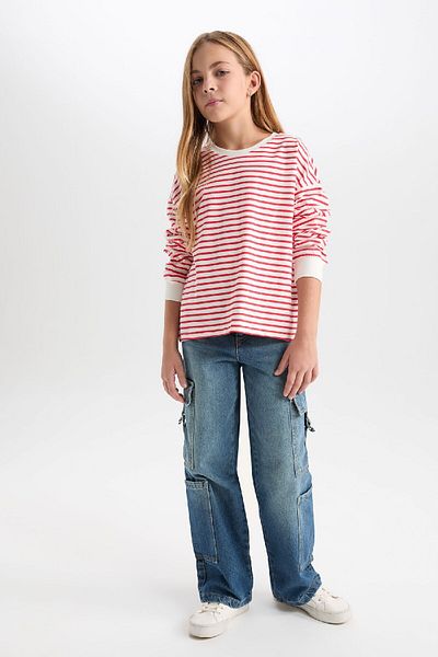 DeFacto Gestreiftes Sweatshirt mit Relax-Fit-Rundhalsausschnitt für Mädchen D6503A8NS