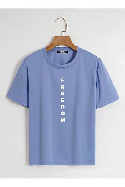 SOFTWAY Tricou de bază unisex organic oversize cu imprimeu Freedom - albastru