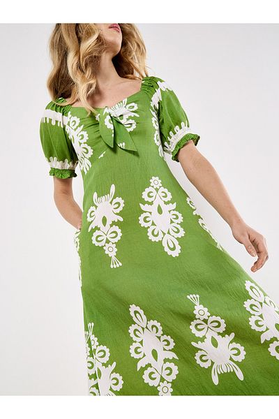 Apricot Folk Floral Print Midikleid
