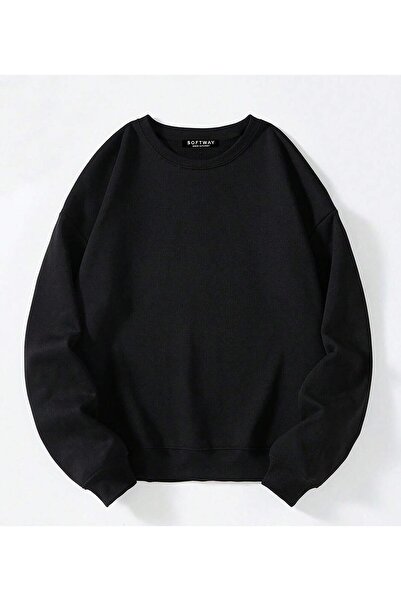 SOFTWAY Unisex Oversize Düz Basic Sweatshirt – Siyah