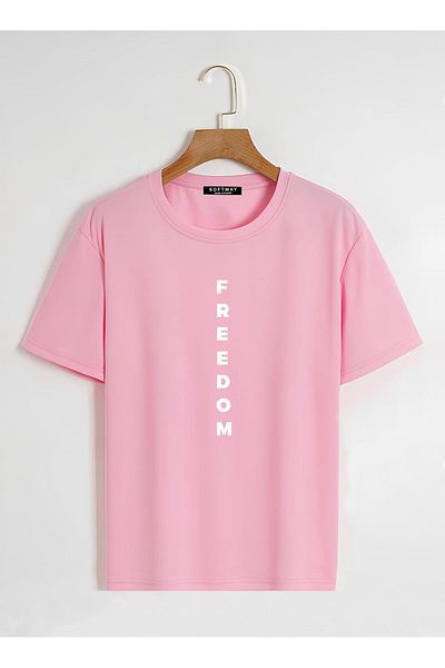 SOFTWAY Unisex Oversize Crew Neck Freedom Printed Basic T-Shirt - ΡΟΖ