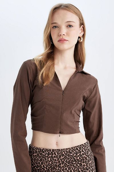 DeFacto Long Sleeve Zippered Shirt Collar Bengalin Crop Blouse - C5037Ax24Au