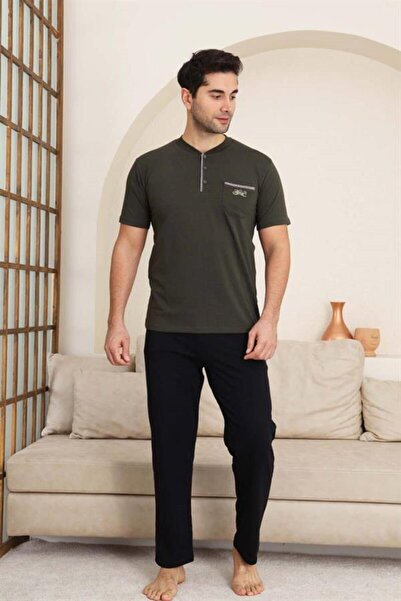 ALİMER Men's Pajama Set - Green Crest Embroidered Lycra Short Sleeve Combed C...