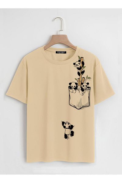SOFTWAY Unisex Oversize Crew Neck Climbing Panda Basic T-Shirt - ΜΠΕΖ