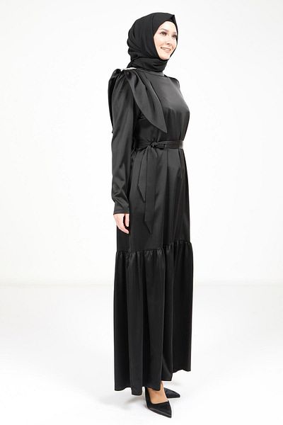 Beyza Shoulder Detailed Belted Black Color Satin Hijab Dress 5591