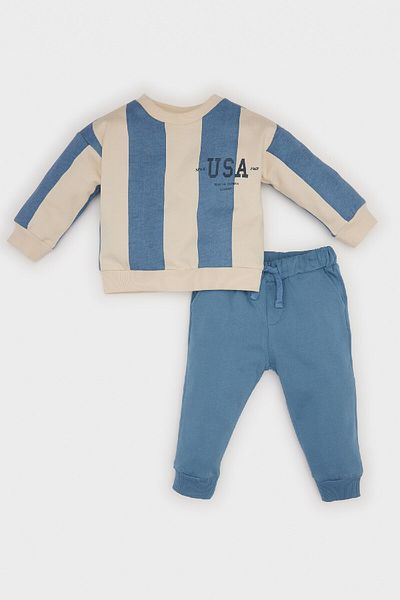 DeFacto Striped Set for Baby Boy - Crew Neck Printed Sweatshirt and Rubber Waist Sweatpants D7651A524W