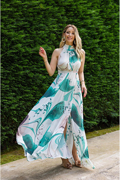 Butik Aura Mou Krem Halter Yaka Sıfır Kol Belden Oturtmalı Mint Desenli Maxi ...