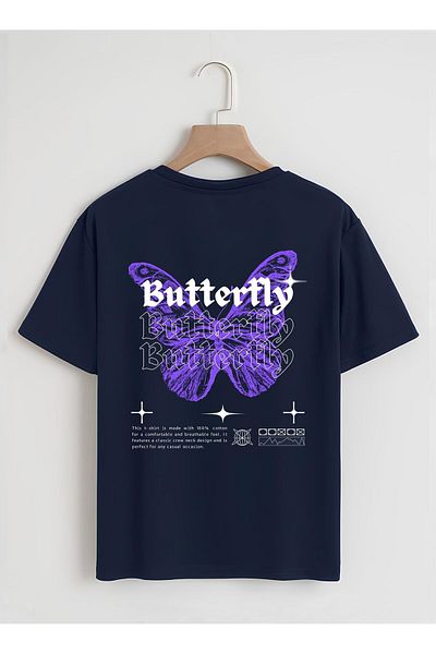 SOFTWAY Unisex Οργανικό Oversize T-shirt με εκτύπωση πεταλούδας - Ναυτικό μπλε