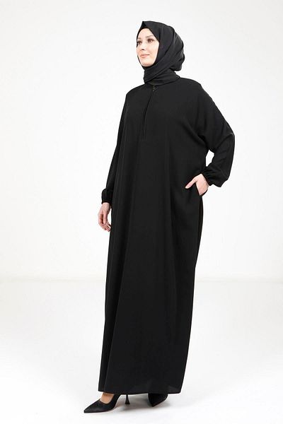 Beyza Zippered Collar Black Bat Dress 9223