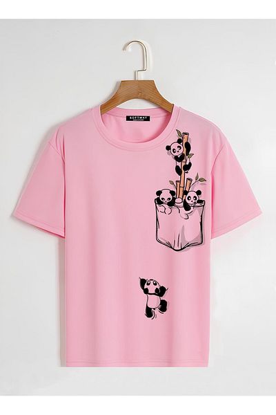 SOFTWAY Unisex Organik Oversize Climbing Panda Basic T-shirt - Ροζ