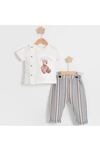 TRENDİMİZBİR Erkek Bebek Çizgili Teddy Yazlık Müslin Takım