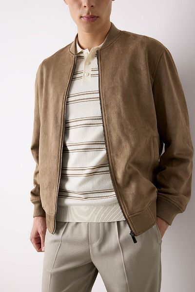 DeFacto Slim Fit Suede Bomber Coat Jacket Slim fit Κολεγιακό πέτο με φερμουάρ Διπλές τσέπες Εποχιακό ελαφρύ