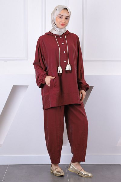 İmajButik Σετ παντελόνι τουνίκ με κουκούλα μπορντό
