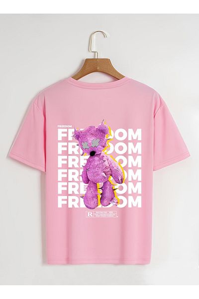 SOFTWAY Unisex Oversize Crew Neck Freedom Printed Basic T-Shirt - ΡΟΖ