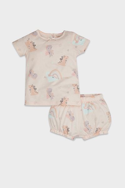 DeFacto Baby-Mädchen-Dinosaurier-bedrucktes, kurzärmliges, gekämmtes, zweiteiliges Pyjama-Set D8295A5NS
