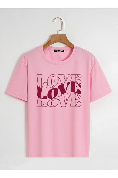 SOFTWAY Unisex Oversize Crew Neck Theree Love Basic T-Shirt με στάμπα - ΡΟΖ