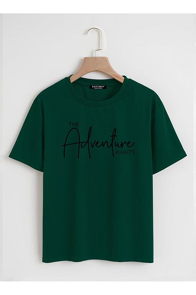 SOFTWAY Unisex Organik Oversize Adventure Baskılı Basic T-shirt - Σκούρο Πράσινο