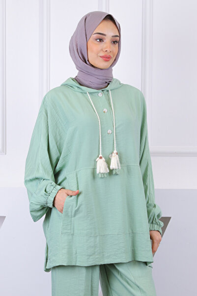 İmajButik Mint Kapşonlu Cepli Tunik Pantolonlu Takım