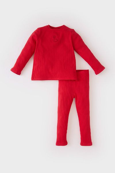 DeFacto Baby Girls Pajama Set Ribbed Camisole Crew Neck Embroidered Long Sleeve Top with Elastic Waist Long Bottom