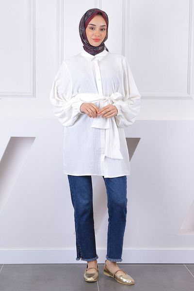 İmajButik Ecru Waist Belted Tunic