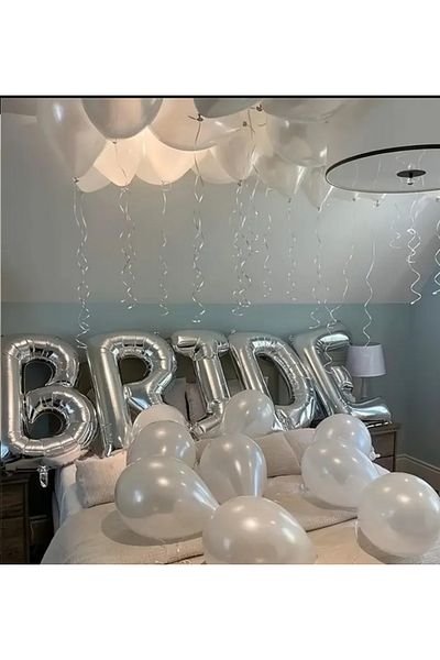Çemrek Süs Parti Silver Bride Balloon Set 40 inch 100 cm and 30 White Metallic Balloon Set