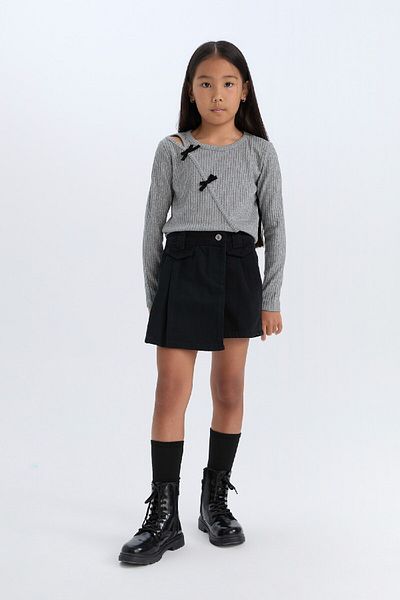 DeFacto Girls' Bow Detail Slim Fit T-Shirt - Long Sleeve, Crew Neck D5456A824Wn