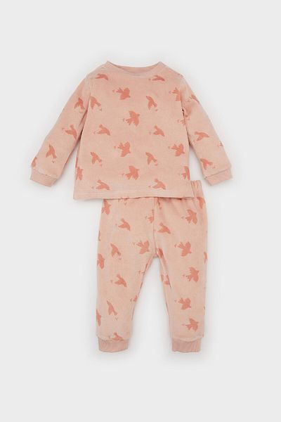 DeFacto Print Baby Girl Pajamas Set - Crew Neck, Long Sleeve, Velour Top, Elastic Waist, Long Bottom D7166A524W