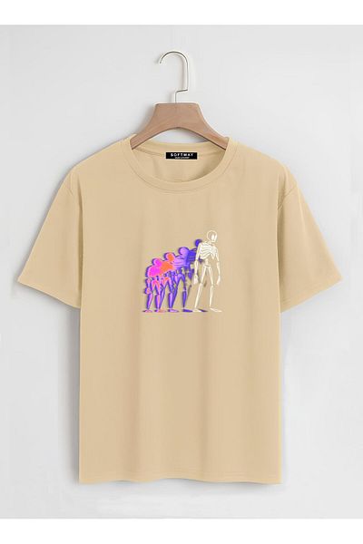 SOFTWAY Unisex Oversize Crew Neck Πολύχρωμο μπλουζάκι με στάμπα με σκελετό - ΜΠΕΖ