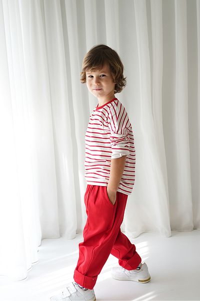 Catz Kids Red Gabardine Carrot Trousers + Red White Striped Combed Cotton Sweat