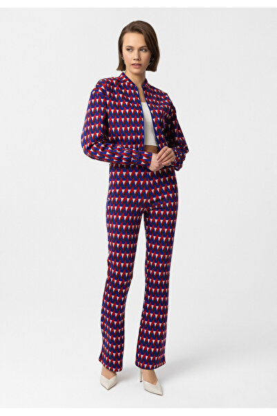 Williot Dolares Жіночий темно-синій комплект із куртки та брюк із застібкою-блискавкою та етнічним візерунком, 2 предмети