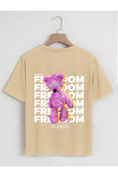 SOFTWAY Unisex Oversize Crew Neck Freedom Printed Basic T-Shirt - ΜΠΕΖ