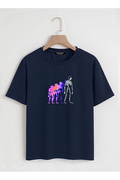 SOFTWAY Unisex Organic Oversize Μπλουζάκι με έγχρωμο σκελετό με στάμπα - Navy Blue