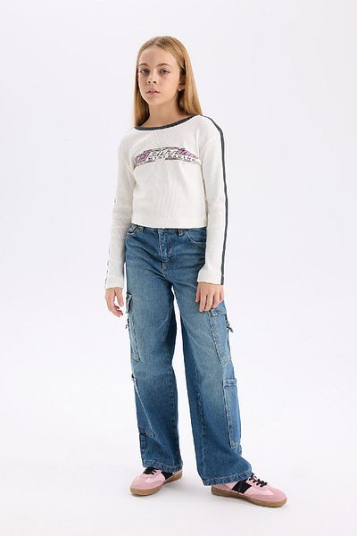 DeFacto Girl's Slim Fit Slim Fit Crew Neck Printed Ribbed Camisole Long Sleeve T-Shirt D6993A824Wn