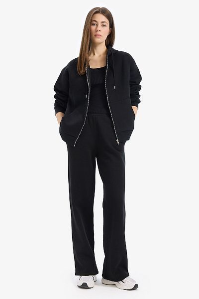 DeFacto Schwarzes „Zurück zur Schule“-Relax-Fit-Kapuzenpullover, dickes Basic-Sweatshirt mit gerader Tasche und Reißverschluss, D8717ax24wn