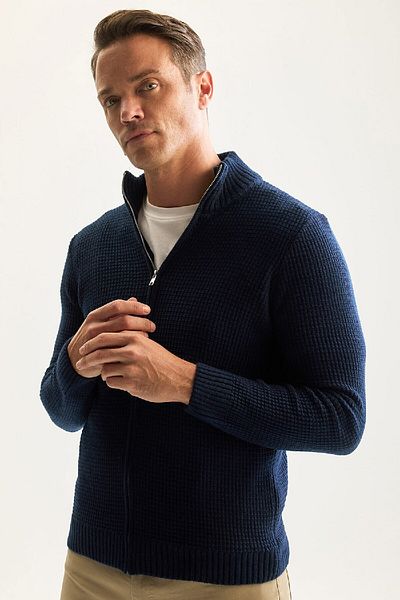 DeFacto Marineblauer Waffel-Cardigan mit normaler Passform und halbem Rollkragenpullover und Reißverschluss R1195azns