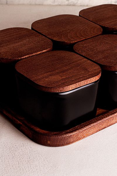 Snippy Luma Black - 300 ml Snack Ceramic Breakfast Bowl Wooden Vacuum Lid with Tray