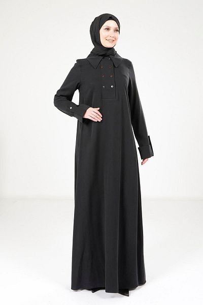 Beyza Grey-Black Dress Collar and Button Detail 9215 Model