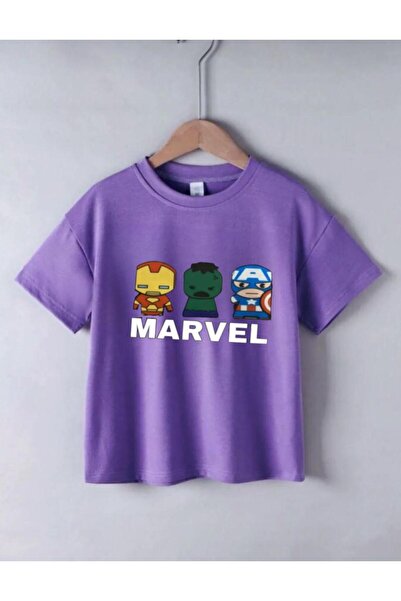 Topçu Bisiklet Yaka Marvel Baskılı Mor Unisex Çocuk T-shirt