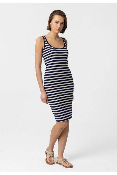 Williot Angel Women's Black Striped Flexible Strap Zero Sleeve Slim Fit Maxi Dress