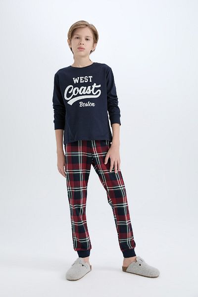 DeFacto Boys' Pajamas Set - Crew Neck, Printed, Long Sleeve, Top Check, Long Bottom D5212A824Wn