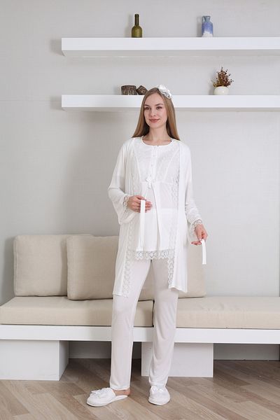 Lohussa Ecru Lace Maternity Pajama Set - 3 Pieces