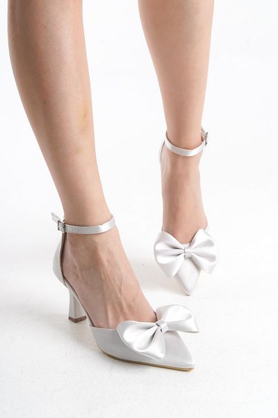 ALPELLİ ByAlp Women's Silver Satin Bow Buckle Goblet Thin Heel Stylish Evening Dress Shoes