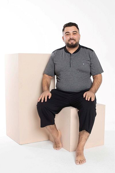 GUAVA+ Men's Plus Size 3 Button 100% Cotton Short Sleeve Pocket Capri/Bermuda Pajama Set