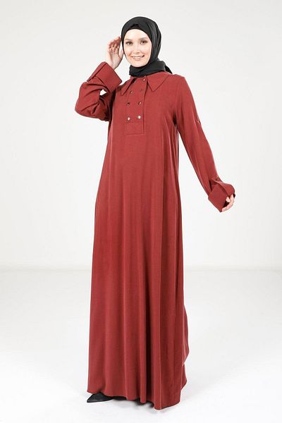 Beyza Burgundy Color Dress - with Collar and Button'Optionsu 9215 Model Number